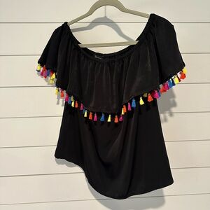 Black Off-Shoulder Top with Colorful Tassels
